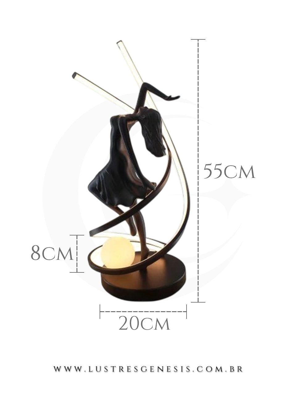 Escultura Ballerina preta com globo fosco iluminado, ideal para hall de entrada, sala de estar ou jardim de inverno, decorando ambiente sofisticado com poltrona bege, quadros e espelho.